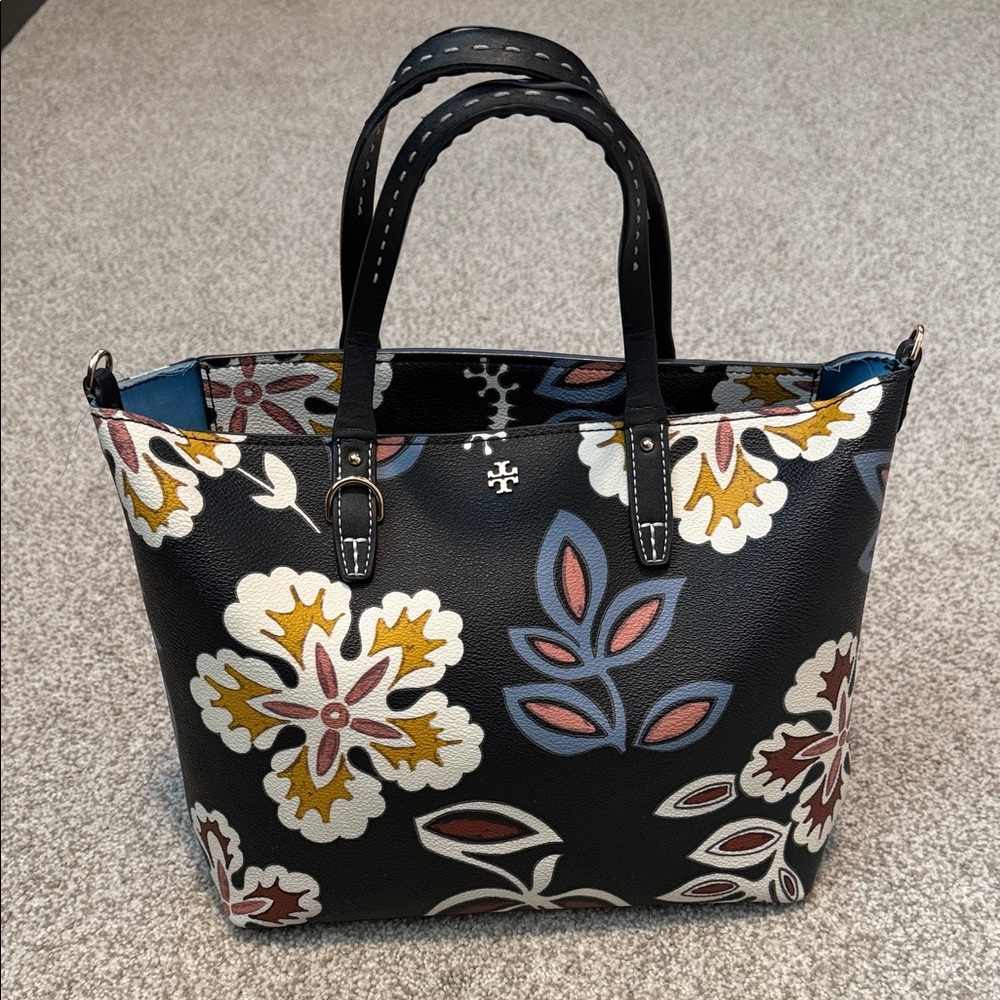 Tory Burch Black Floral Leather Tote with Multicolor Blooms